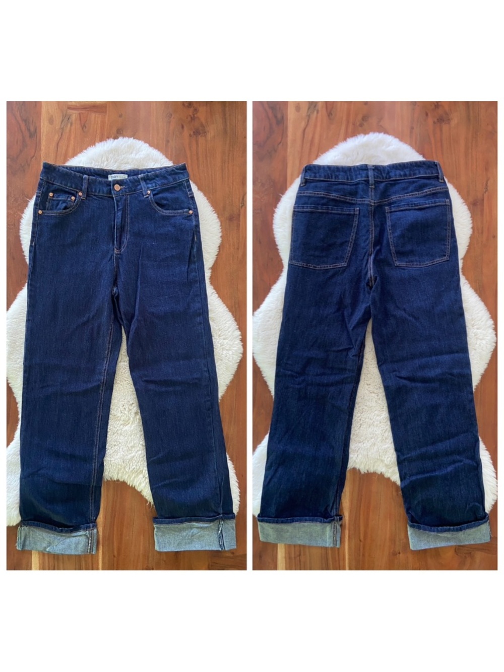 Oat NY dark blue denim cuffed jean wide straight leg high rise 6 / 28